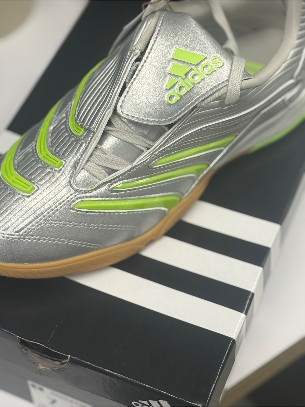adidas Silver with Neon Green Indoor Soccer Shoe